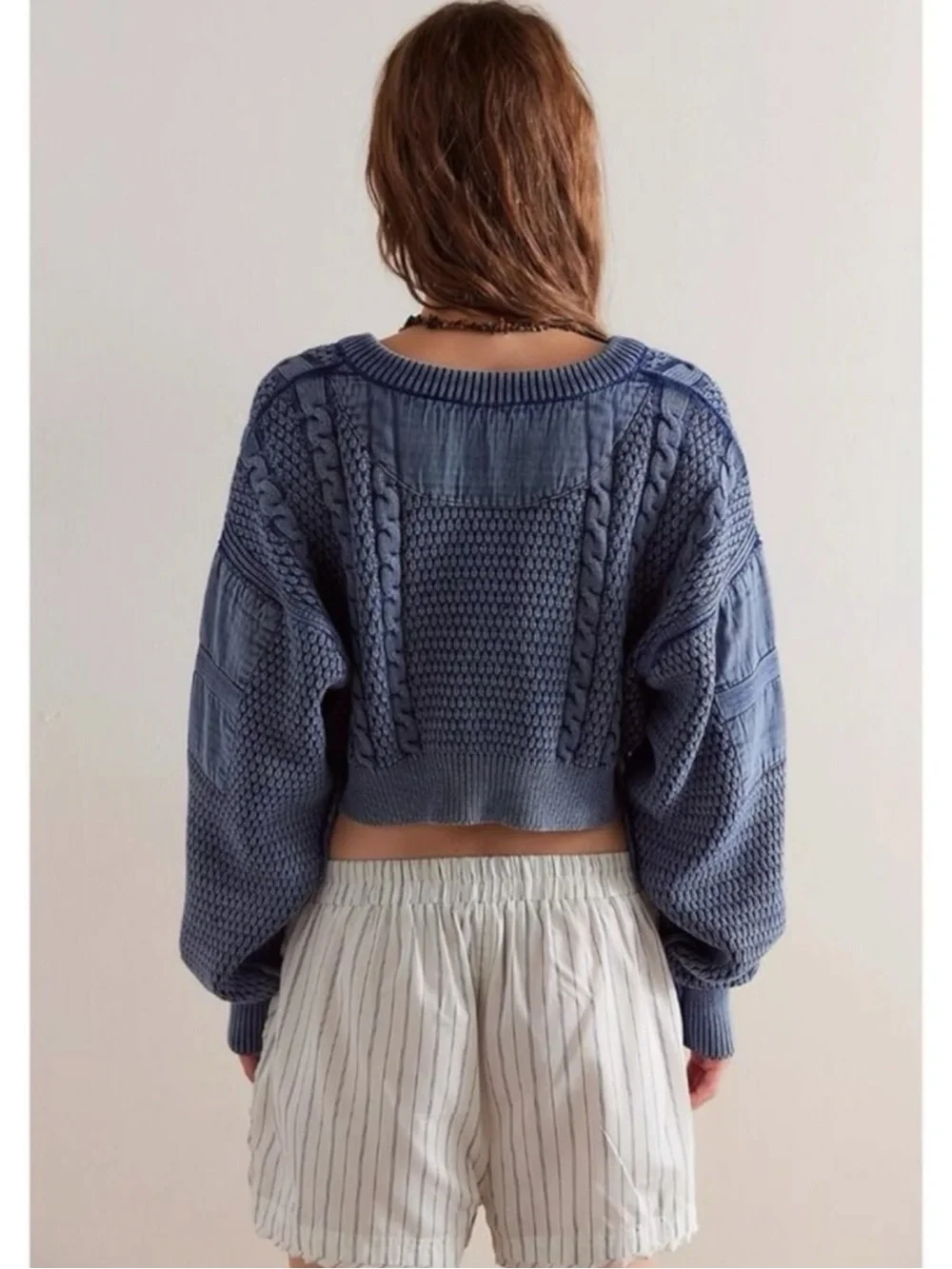 Free People Patchwork Chunky Cable Knit Heritage Cardi Cardigan Sweater Large